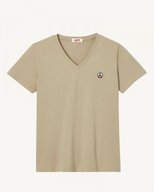 JOTT Cancun Plain V-neck Organic Bomull T-shirt Dam Beige | JOP-7997