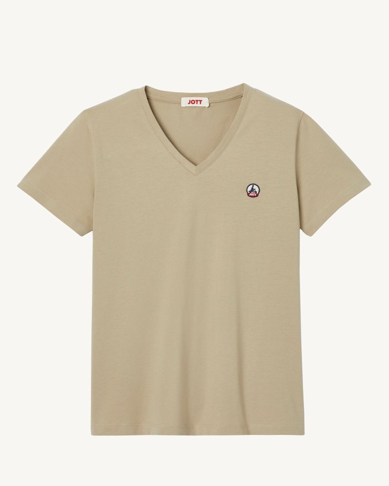 JOTT Cancun Plain V-neck Organic Bomull T-shirt Dam Beige | JOP-7997